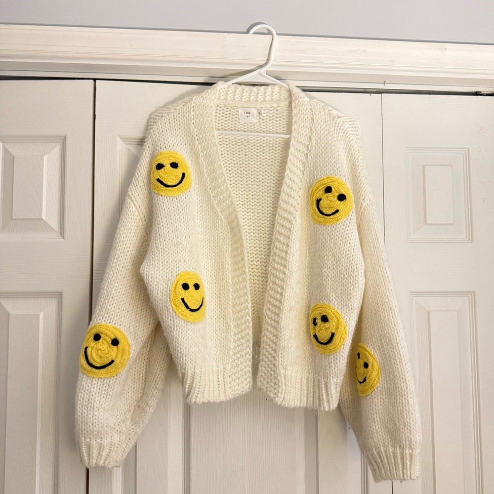 Luna Ivy • White Smiley Face Knit Sweater